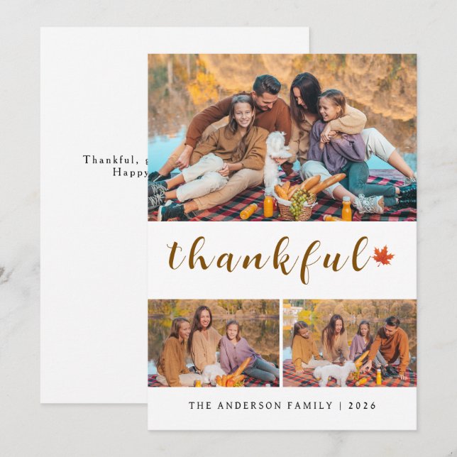 Elegant Modern Happy Thanksgiving Autumn 3 Photo Holiday Card (Front/Back)