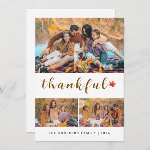 Elegant Modern Happy Thanksgiving Autumn 3 Photo Holiday Card
