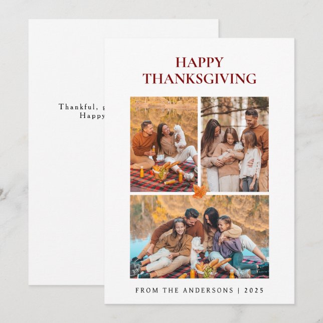 Elegant Modern Happy Thanksgiving Autumn 3 Photo Holiday Card (Front/Back)
