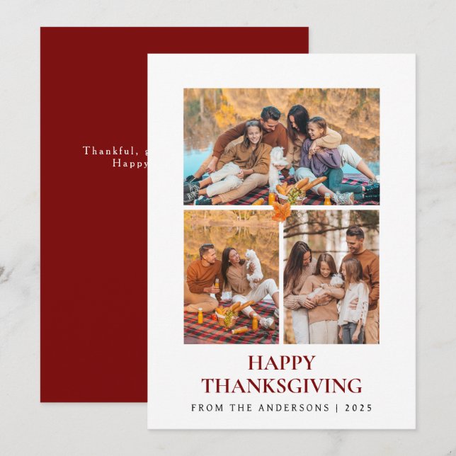 Elegant Modern Happy Thanksgiving Autumn 3 Photo Holiday Card (Front/Back)