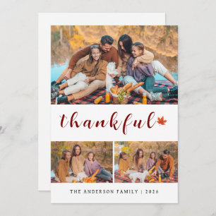 Elegant Modern Happy Thanksgiving Autumn 3 Photo Holiday Card