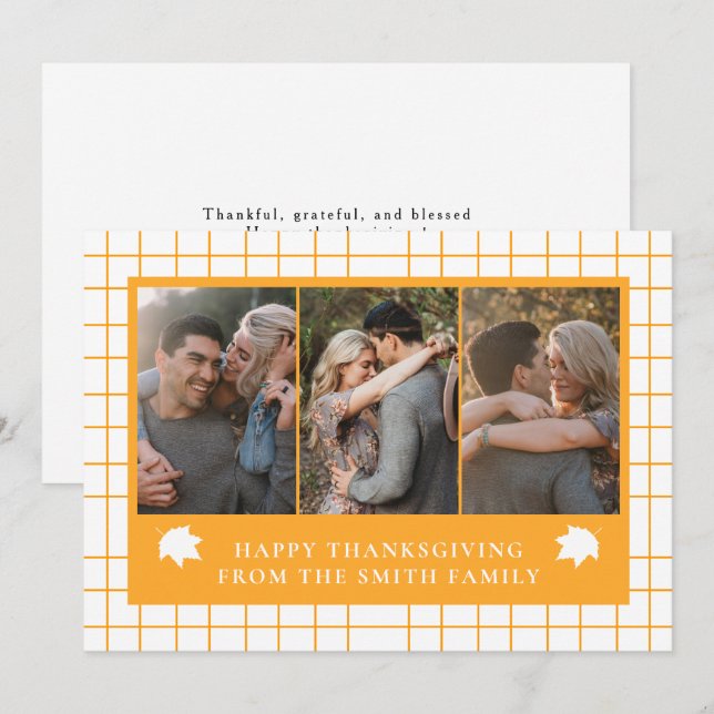 Elegant Modern Happy Thanksgiving Autumn 3 Photo Holiday Card (Front/Back)