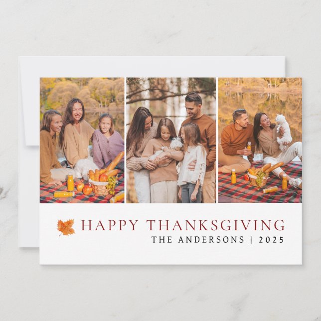 Elegant Modern Happy Thanksgiving Autumn 3 Photo Holiday Card (Front)