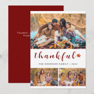 Elegant Modern Happy Thanksgiving Autumn 3 Photo Holiday Card
