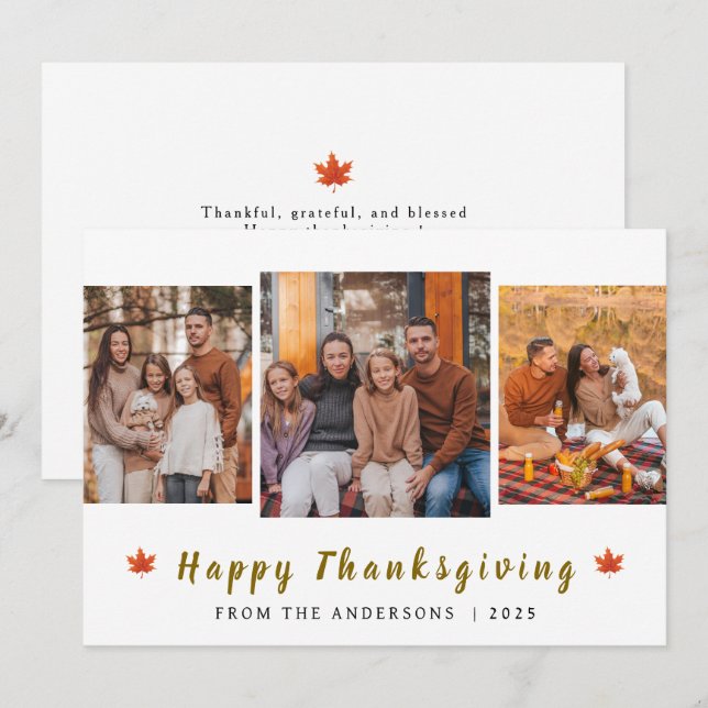 Elegant Modern Happy Thanksgiving Autumn 3 Photo Holiday Card (Front/Back)