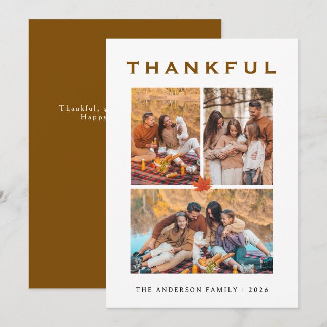 Elegant Modern Happy Thanksgiving Autumn 3 Photo Holiday Card (Front/Back)