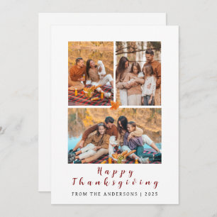 Elegant Modern Happy Thanksgiving Autumn 3 Photo Holiday Card