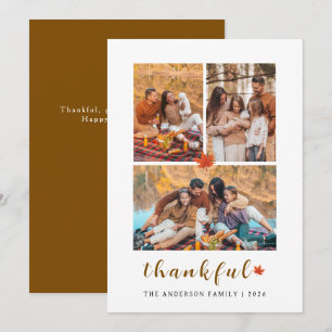 Elegant Modern Happy Thanksgiving Autumn 3 Photo Holiday Card