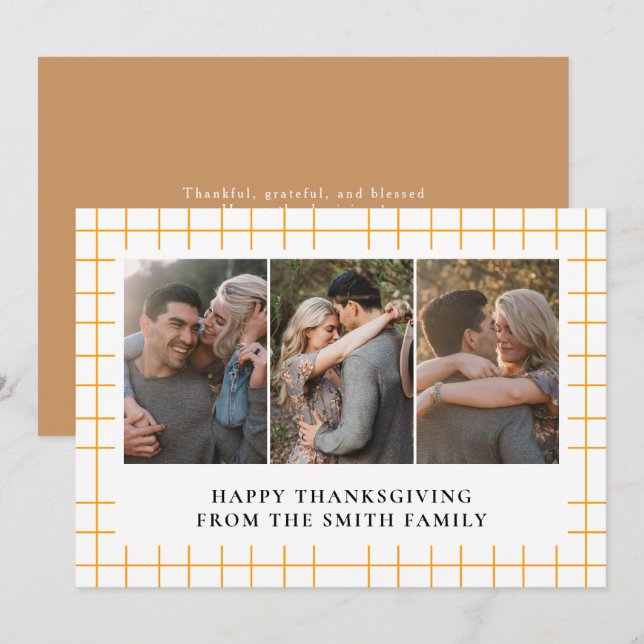 Elegant Modern Happy Thanksgiving Autumn 3 Photo Holiday Card (Front/Back)
