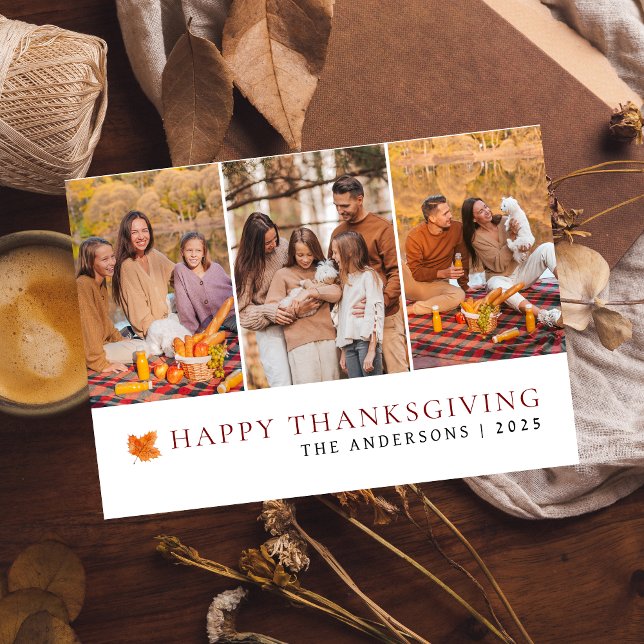 Elegant Modern Happy Thanksgiving Autumn 3 Photo Holiday Card (Creator Uploaded)