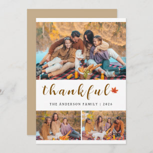 Elegant Modern Happy Thanksgiving Autumn 3 Photo Holiday Card