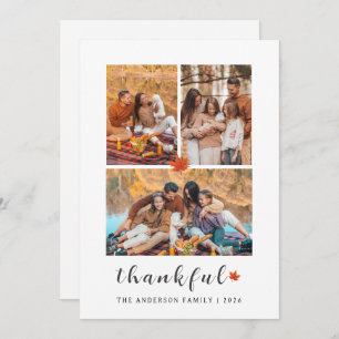 Elegant Modern Happy Thanksgiving Autumn 3 Photo Holiday Card