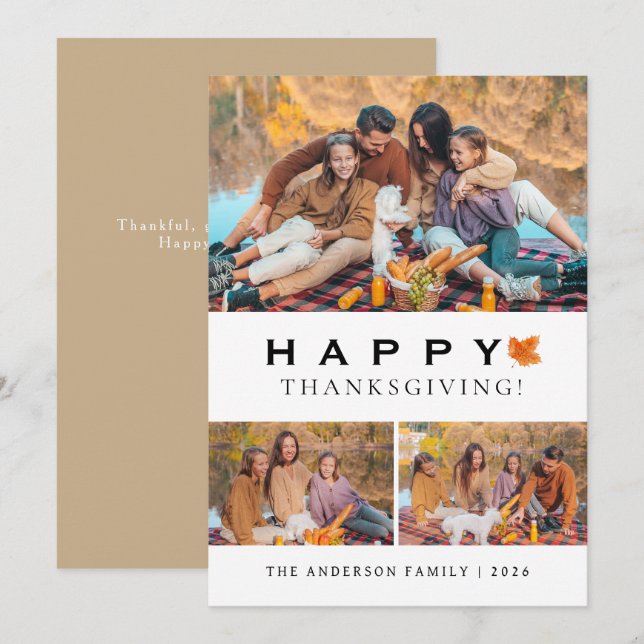Elegant Modern Happy Thanksgiving Autumn 3 Photo Holiday Card (Front/Back)