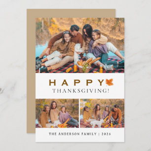 Elegant Modern Happy Thanksgiving Autumn 3 Photo Holiday Card