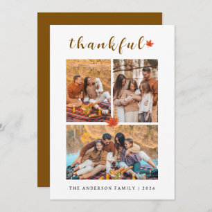 Elegant Modern Happy Thanksgiving Autumn 3 Photo Holiday Card
