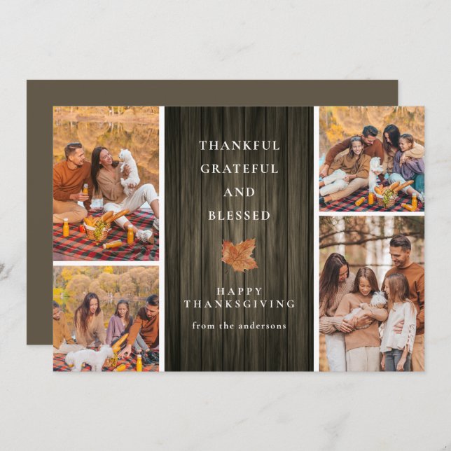 Elegant Modern Happy Thanksgiving Autumn 4 Photo Holiday Card (Front/Back)