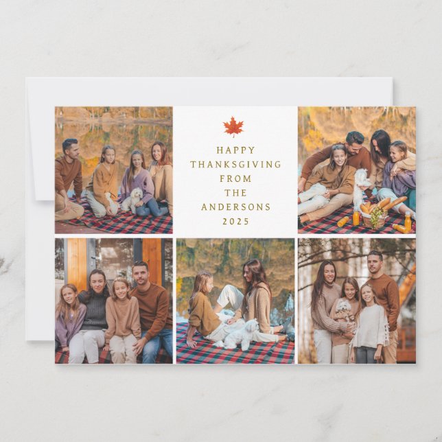 Elegant Modern Happy Thanksgiving Autumn 5 Photo Holiday Card (Front)