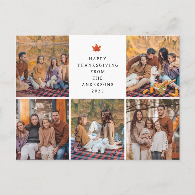 Elegant Modern Happy Thanksgiving Autumn 5 Photo Holiday Postcard (Front)