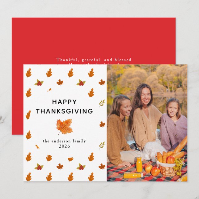Elegant Modern Happy Thanksgiving Autumn Photo Holiday Card (Front/Back)