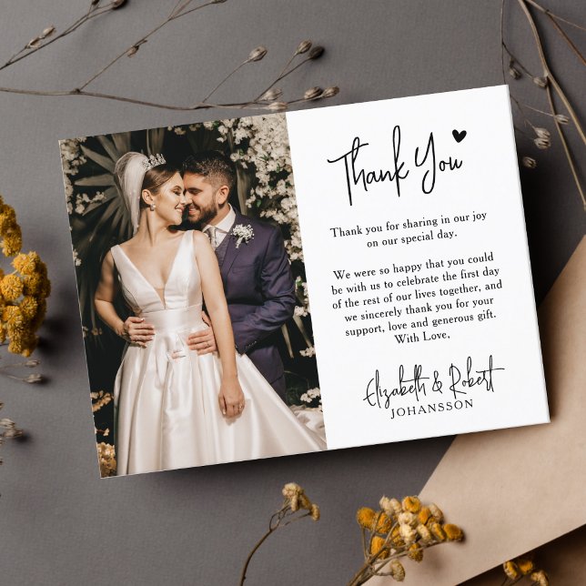 Elegant Modern Heart Script Photo Wedding Thank Yo Thank You Card (Creator Uploaded)