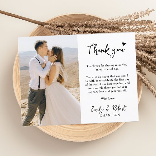 Elegant Modern Heart Script Photo Wedding Thank You Card