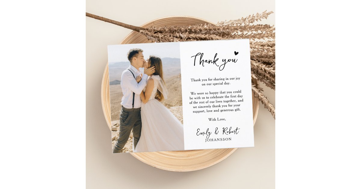 Elegant Modern Heart Script Photo Wedding Thank You Card | Zazzle