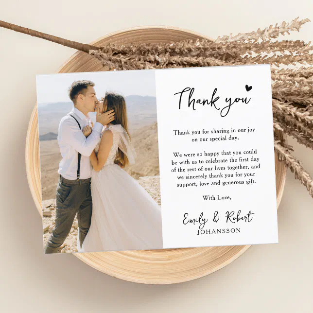 Elegant Modern Heart Script Photo Wedding Thank You Card | Zazzle