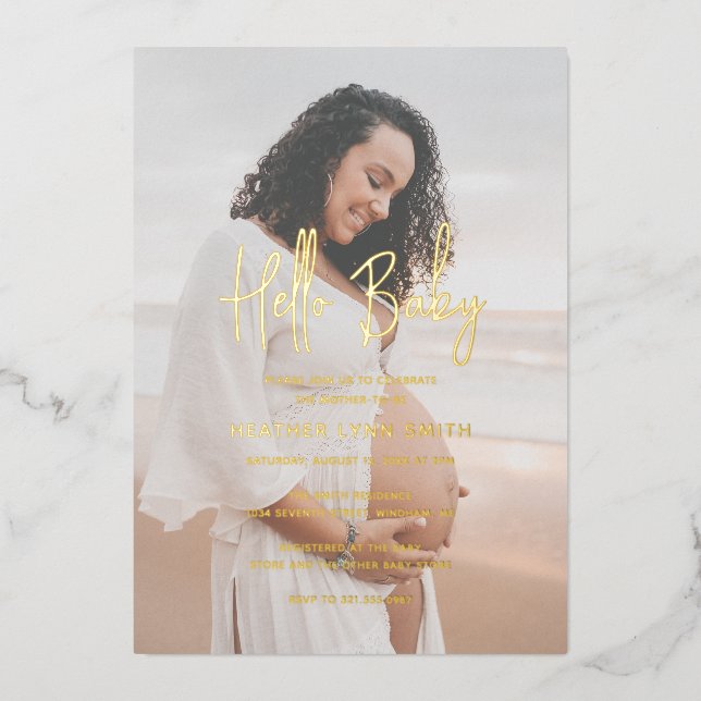 Elegant Modern Hello Baby Photo Baby Shower Gold Foil Invitation (Front)