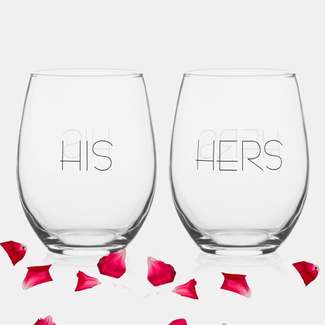 Elegant Modern "His + Hers" Couples' Stemless Wine Glass (Modern elegant "His Hers" wine glasses make a great Valentine's Day, anniversary or newlywed gift.)