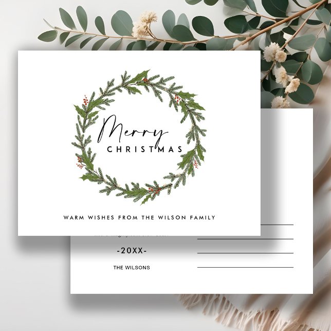 ELEGANT MODERN HOLLY BERRY WREATH MERRY CHRISTMAS HOLIDAY POSTCARD (Creator Uploaded)