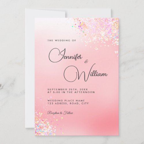 Elegant Modern Holographic Glitter Pink Wedding Invitation