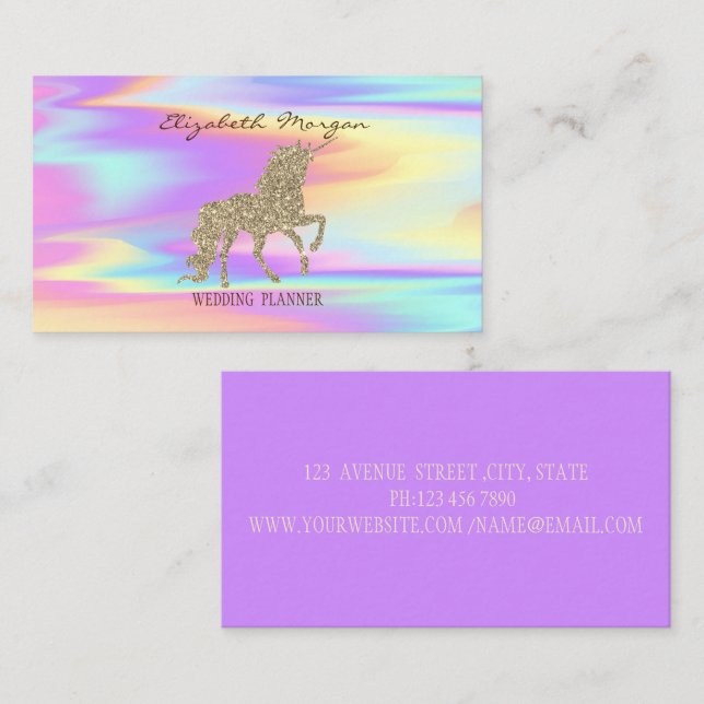 Elegant Modern Holographic Gold Glitter Unicorn Business Card (Front/Back)