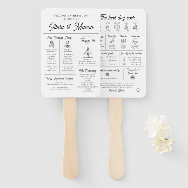 Elegant Modern Infographic Wedding Program Hand Fan (Front and Back)