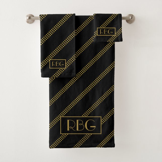Elegant Modern Initials Black Dotted Gold Lines Bath Towel Set (Insitu)
