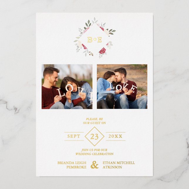 Elegant Modern Initials Floral Diamond 2 Photos Foil Invitation (Front)