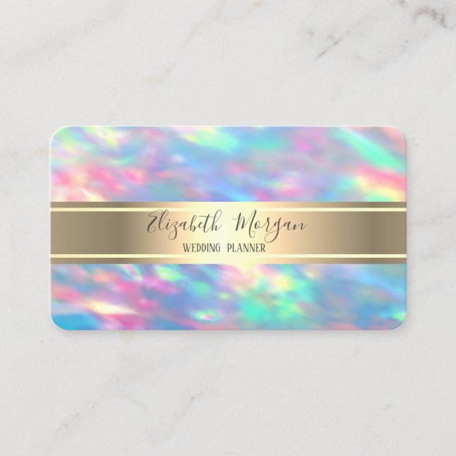 Elegant Modern Iridescent Opal,Gold Stripe Business Card (Front)