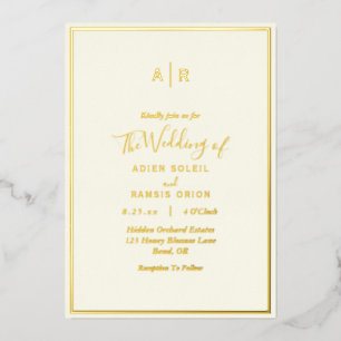 Elegant Modern Ivory Monogram Wedding Gold Foil Invitation