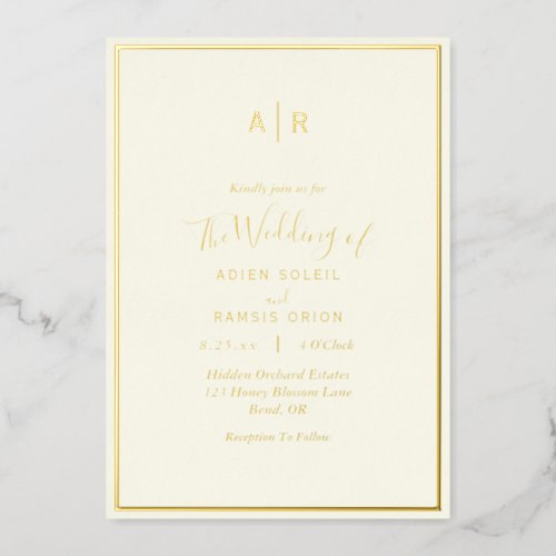 Elegant Modern Ivory Monogram Wedding Gold Foil Invitation