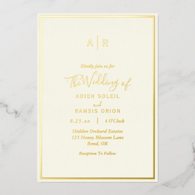 Elegant Modern Ivory Monogram Wedding Gold Foil Invitation (Front)