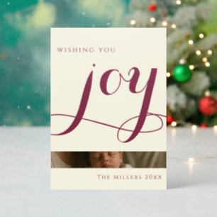 Elegant Modern Joy Calligraphy Script Christmas Letterpress Photo Cards