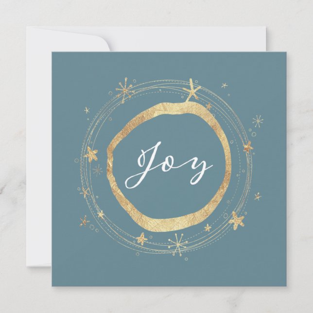 Elegant Modern Joy Ice Blue Gold Star Holiday Card (Front)