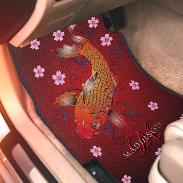 Elegant Modern Koi Fish Cherry Floral Monogrammed Car Floor Mat (Creator Uploaded)