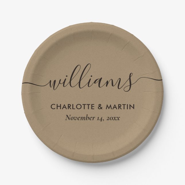 Elegant Modern Kraft Paper Script Wedding Paper Plates (Front)