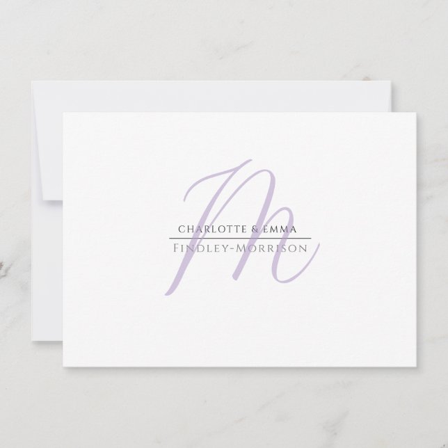Elegant Modern Lavender Black Monogram Couple Note Card (Front)