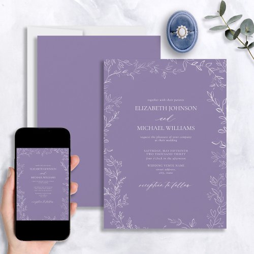 Elegant Modern Lavender Minimal Leaf Wedding Invitation