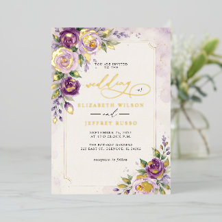 Elegant Modern Lavender Purple Floral Wedding Foil Invitation