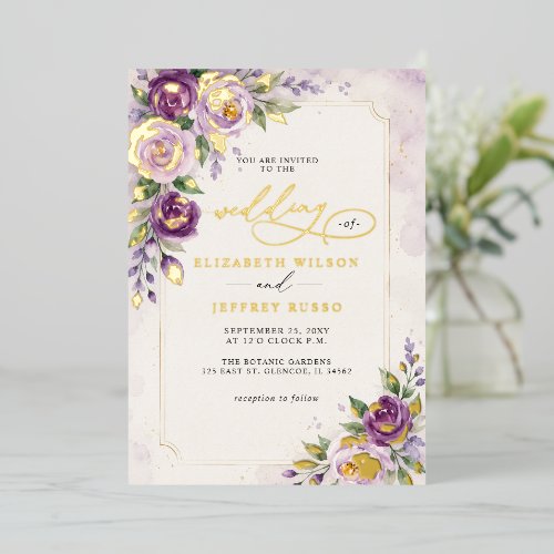 Elegant Modern Lavender Purple Floral Wedding Foil Invitation