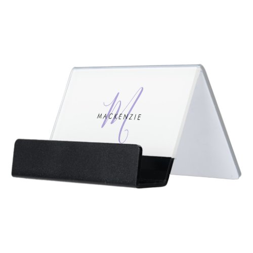 Elegant Modern Lavender Script Monogram Desk Business Card Holder