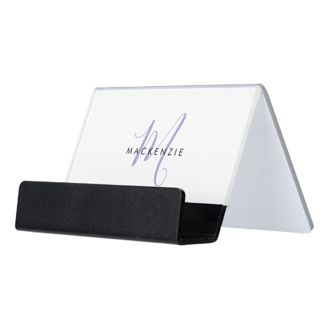 Elegant Modern Lavender Script Monogram Desk Business Card Holder (Angled Front)