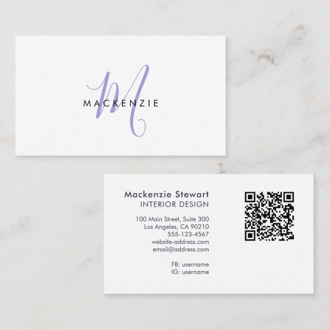 Elegant Modern Lavender Script Monogram QR Code Business Card (Front/Back)